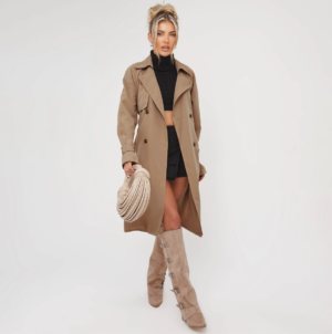 Button Detail Belted Midi Trench Coat In Beige