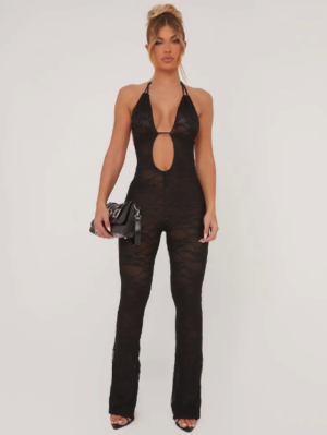 plunge strappy flared black jumpsuit