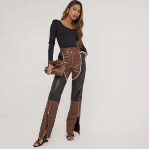 colour block brown and black trousers with zip front detail