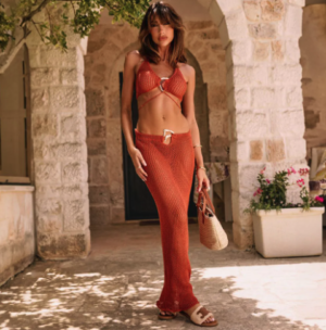 Gold Trim Detail Rust Orange Maxi Skirt