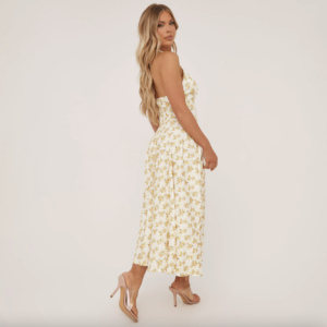 plunge halter a line maxi dress in yellow floral