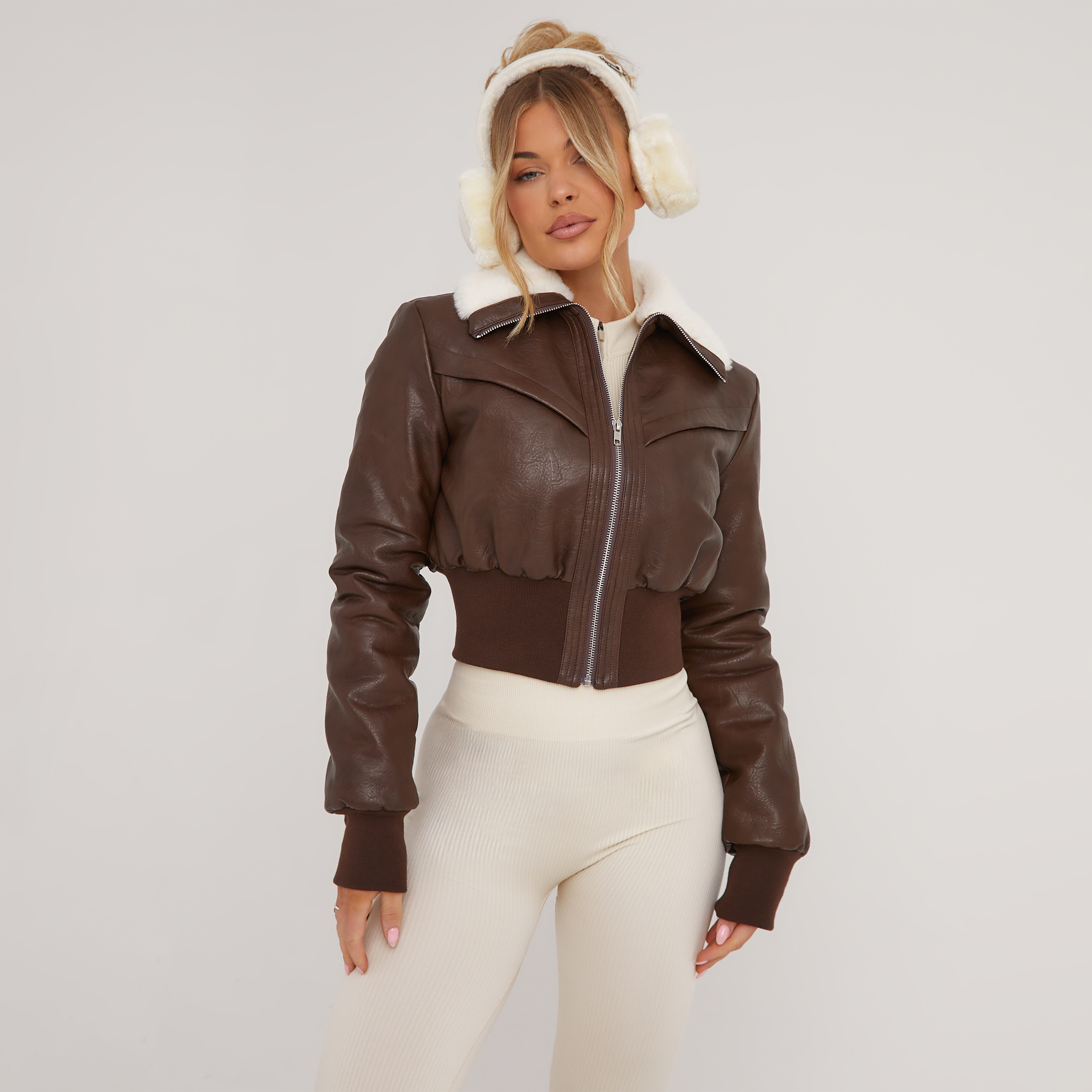 Cinched Waist Detail Faux Fur Lined Cropped Aviator Jacket In Brown Faux  Leather