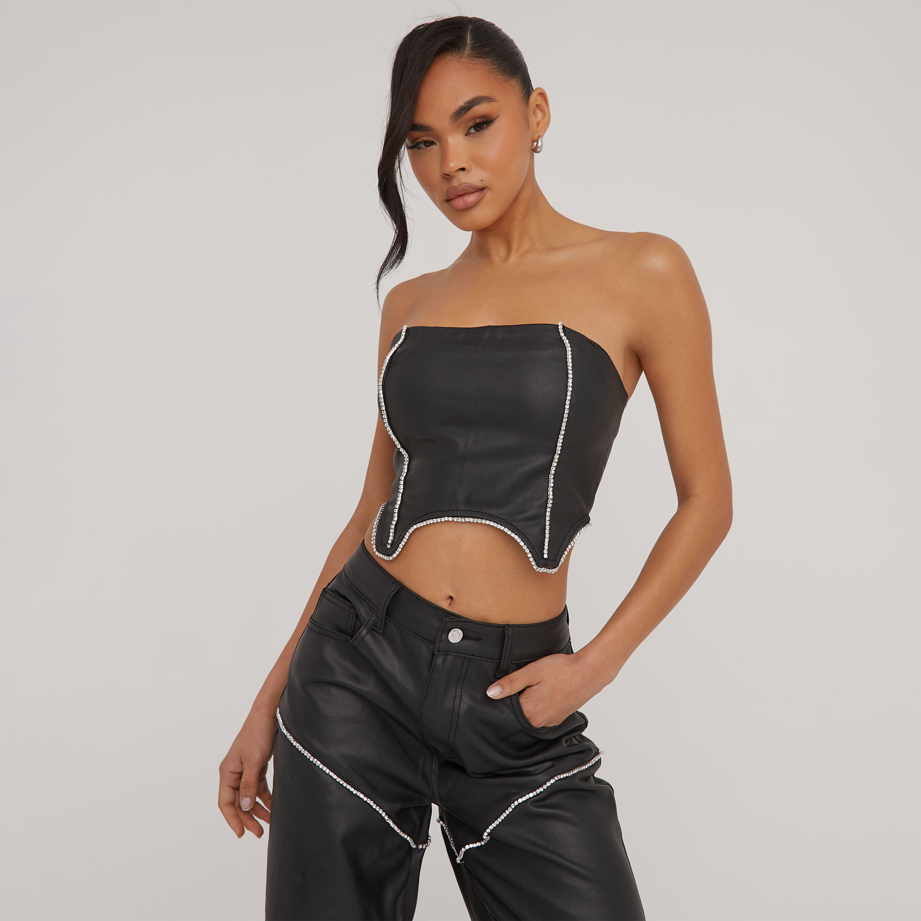 Cupped Hook And Eye Suspender Detail Structured Corset Top In