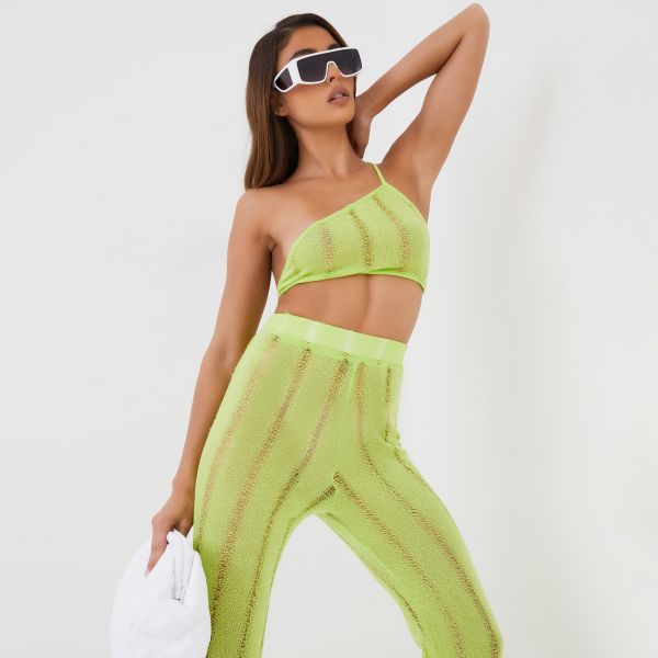 Asymmetric One Shoulder Crop Top In Lime Green Ladder Knit