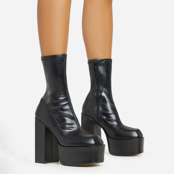 Fiji Square Toe Block Heel Platform Ankle Sock Boot In Black Faux Leather