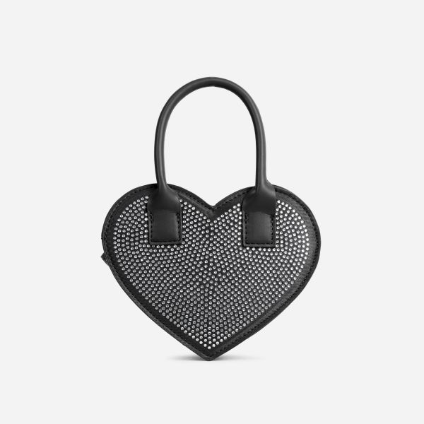 Love-It Diamante Detail Heart Shaped Grab Bag In Black Faux Leather