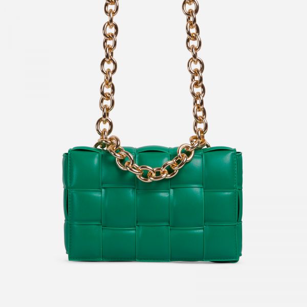 Jackson Chain Detail Quilted Shoulder Bag In Green Faux Leather