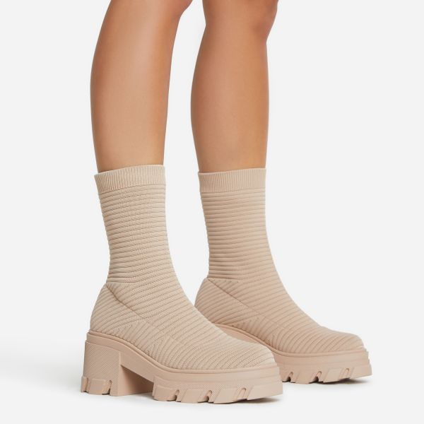 Life-Changing Chunky Sole Ankle Sock Boot In Nude Ribbed Knit