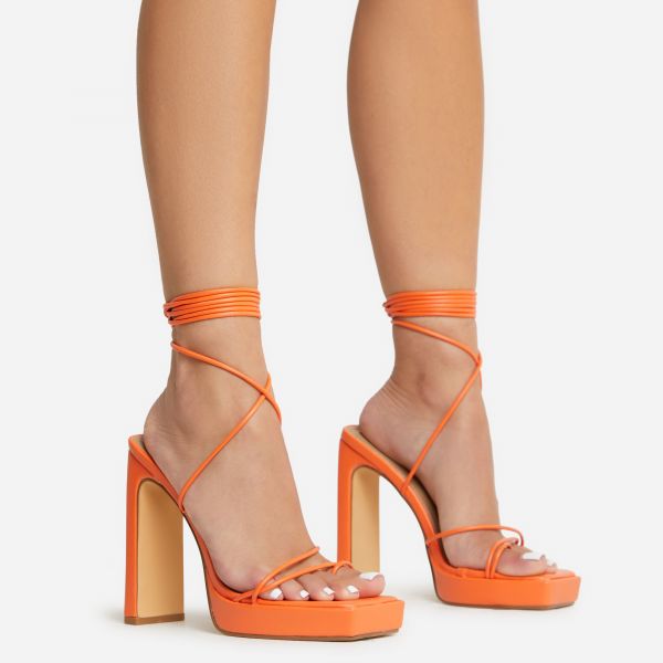 Gemini Strappy Lace Up Square Toe Platform Thin Block Heel In Orange Faux Leather