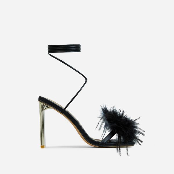 Flamingo Lace Up Faux Feather Detail Square Toe Metallic Thin Block Heel In Black Faux Leather