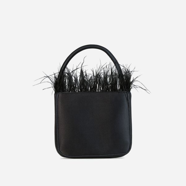 Shook Faux Feather Trim Detail Grab Bag In Black Satin