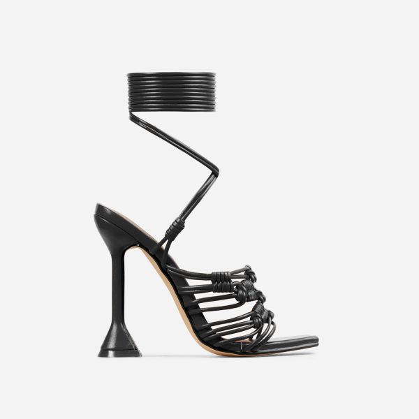 Baylands Lace Up Knotted Strap Detail Square Toe Sculptured Heel In Black Faux Leather