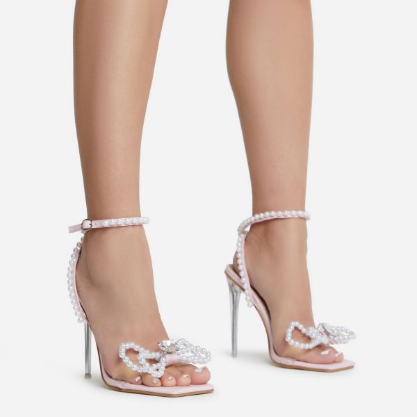 Candy-Coated Pearl Bow Detail Square Toe Clear Perspex Stiletto Heel In Pink Faux Leather