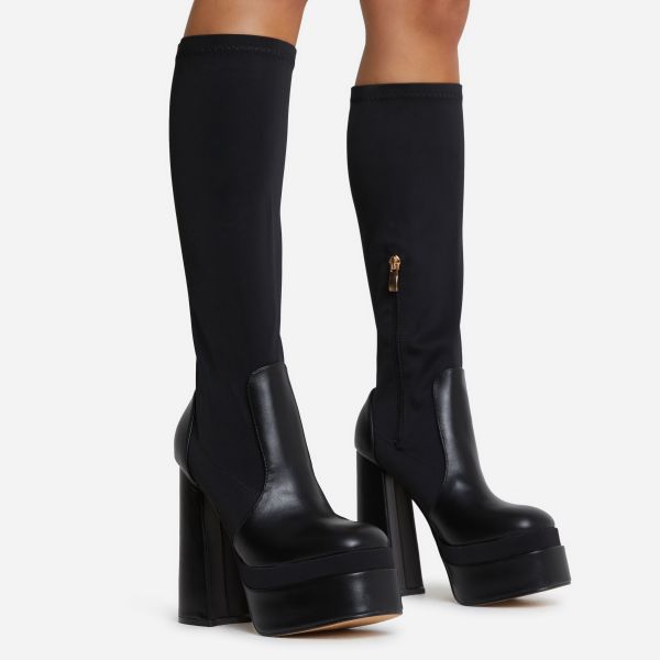 Dede Platform Block Heel Knee High Long Sock Boot In Black Faux Leather