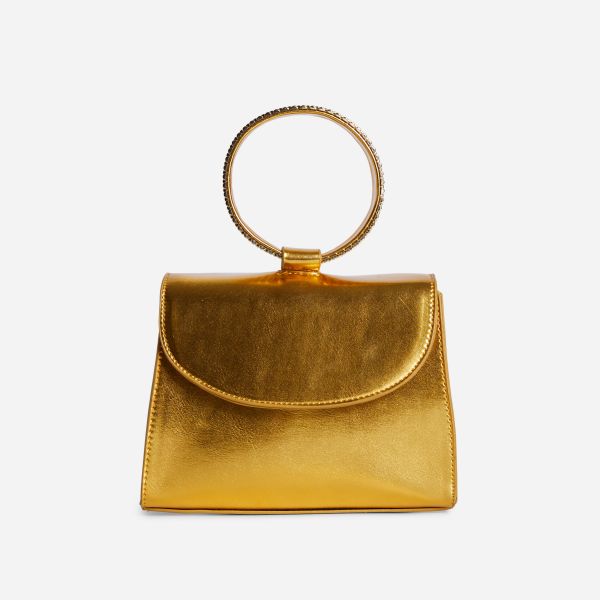 Hazel Link Detail Top Handle Grab Bag In Gold Metallic Faux Leather