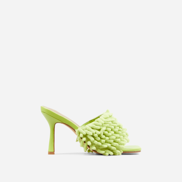 Mop Textured Twisted Detail Square Peep Toe Heel Mule In Lime Green Fabric