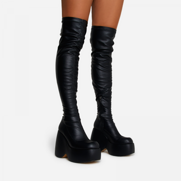 Popstar Platform Wedge Over The Knee Thigh High Long Biker Boot In Black Faux Leather