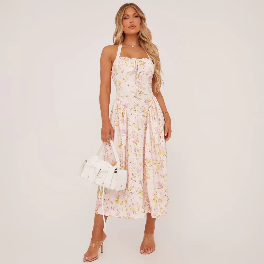 Halterneck Tie Front Pleated A Line Maxi Dress In Pink Floral Print Woven