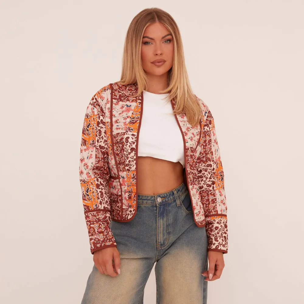 Patchwork Detail Quilted Bomber Jacket In Red Multi Floral Print