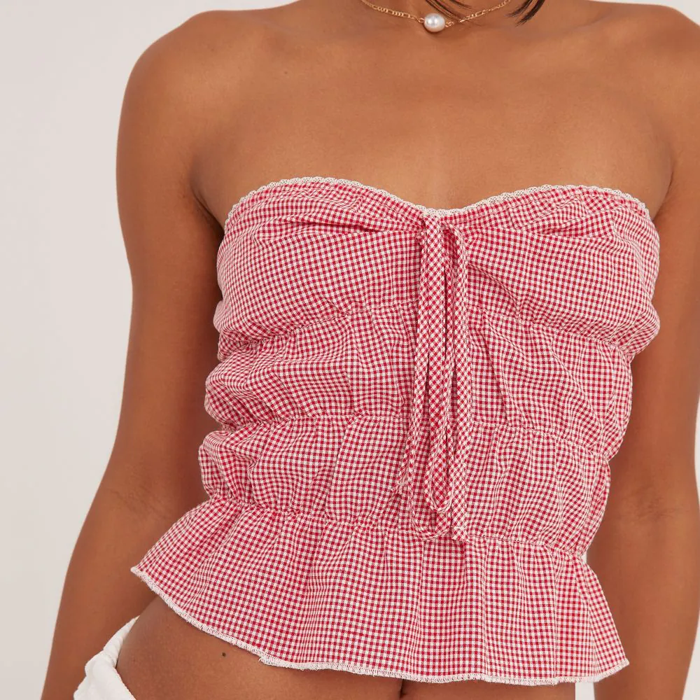 Bandeau Bow Detail Tiered Top In Red Gingham Print