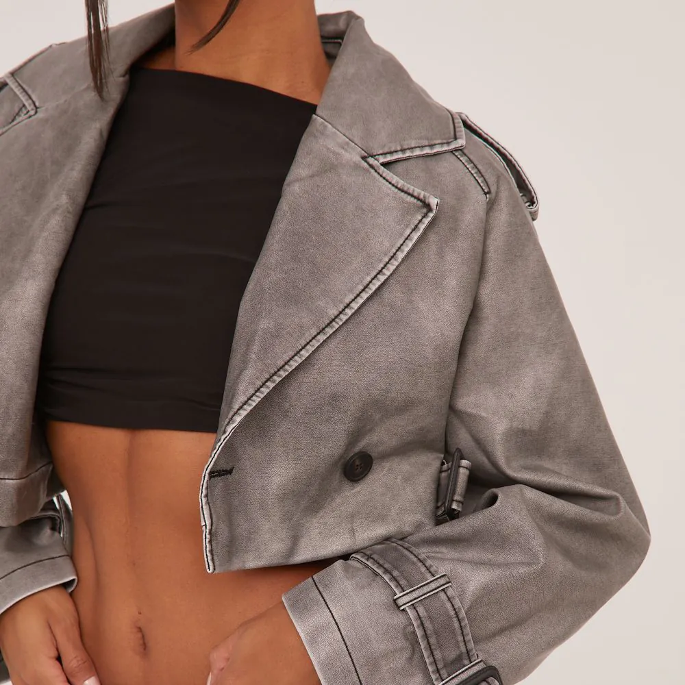 Cropped Trench Jacket In Washed Grey Faux Leather