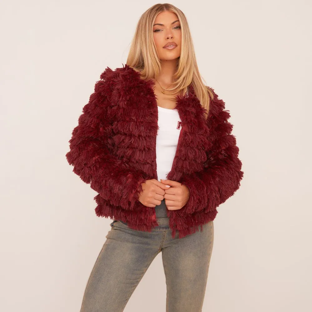 Fringed Cardigan In Burgundy Knit