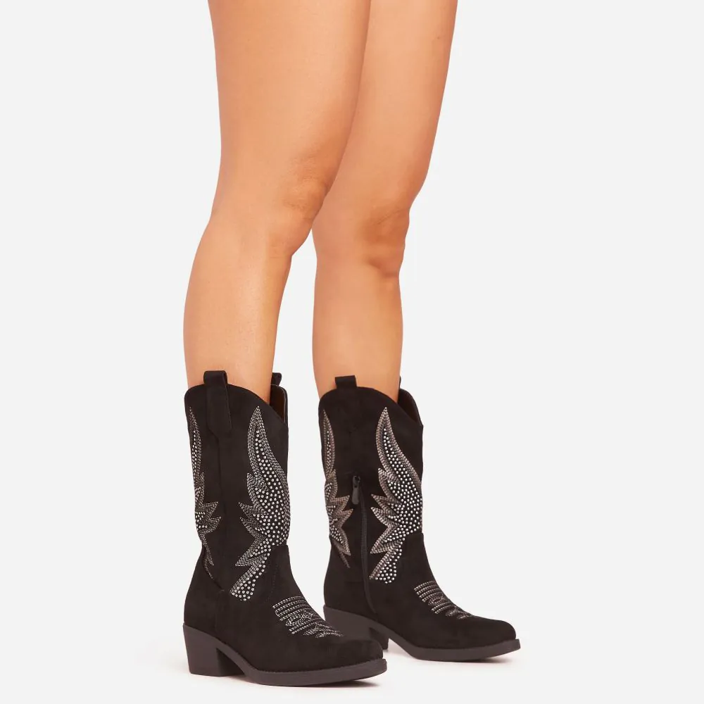 Rambler Diamante Embroidered Detail Mid Calf Western Cowboy Boot In Black Faux Suede