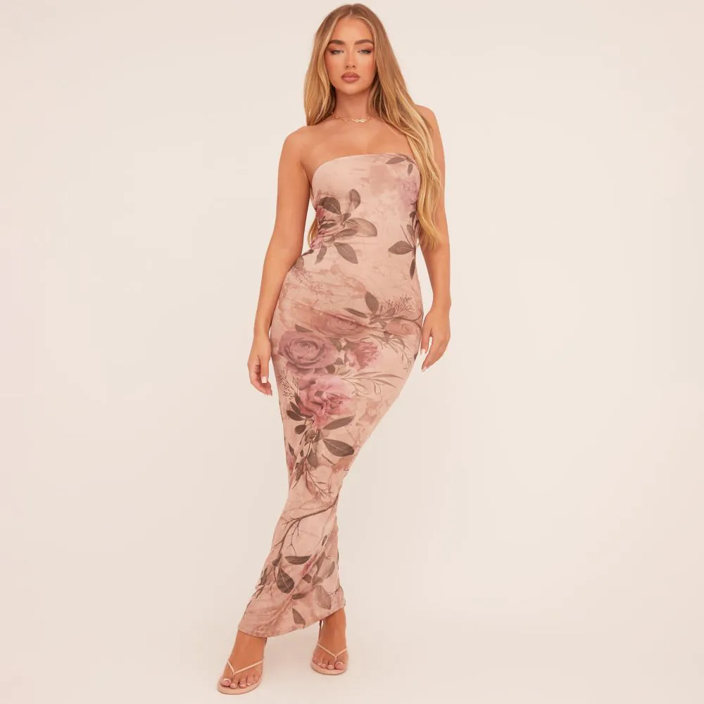 Bandeau Floral Print Maxi Dress In Pale Pink Mesh