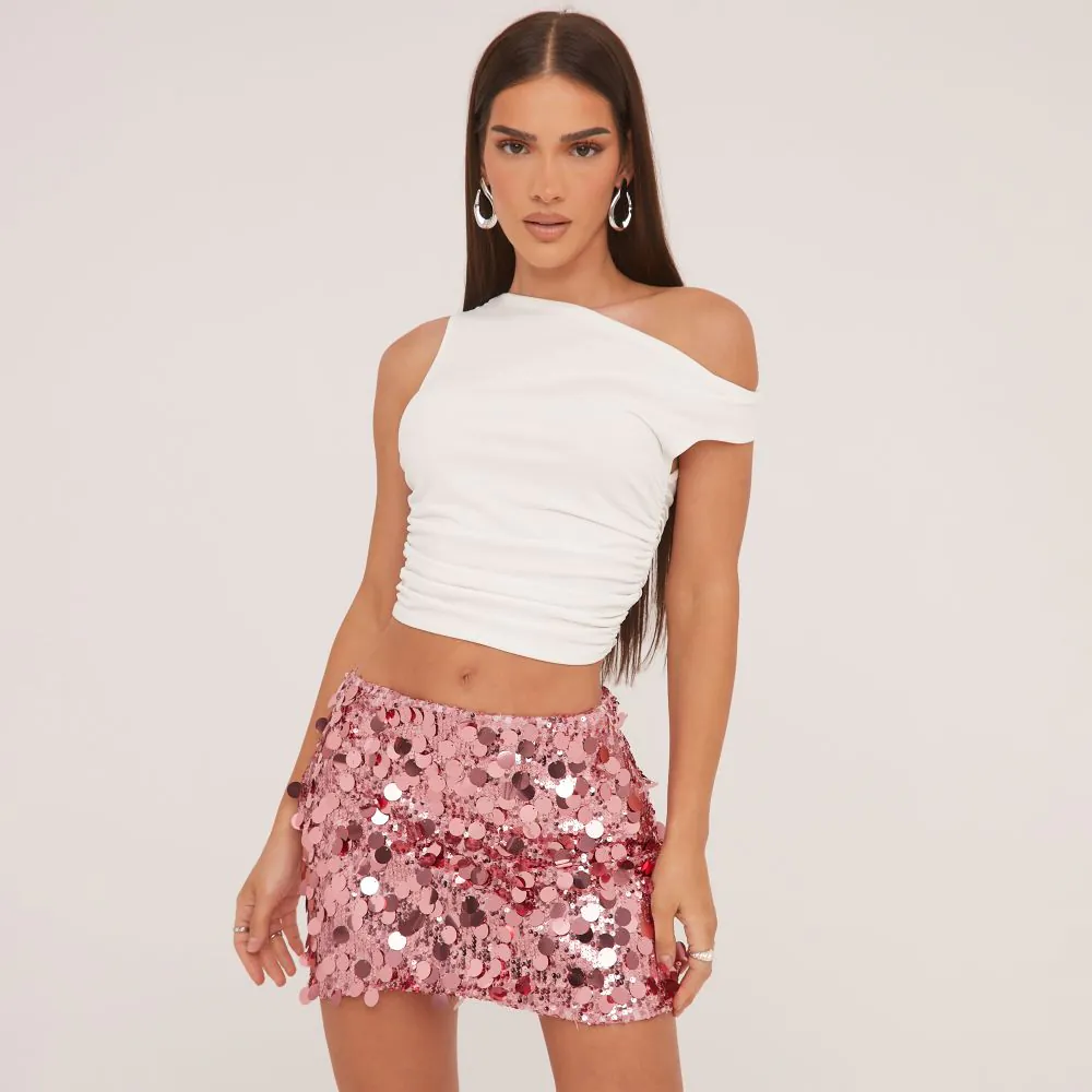 Mid Rise Disc Sequin Mini Skirt In Pink