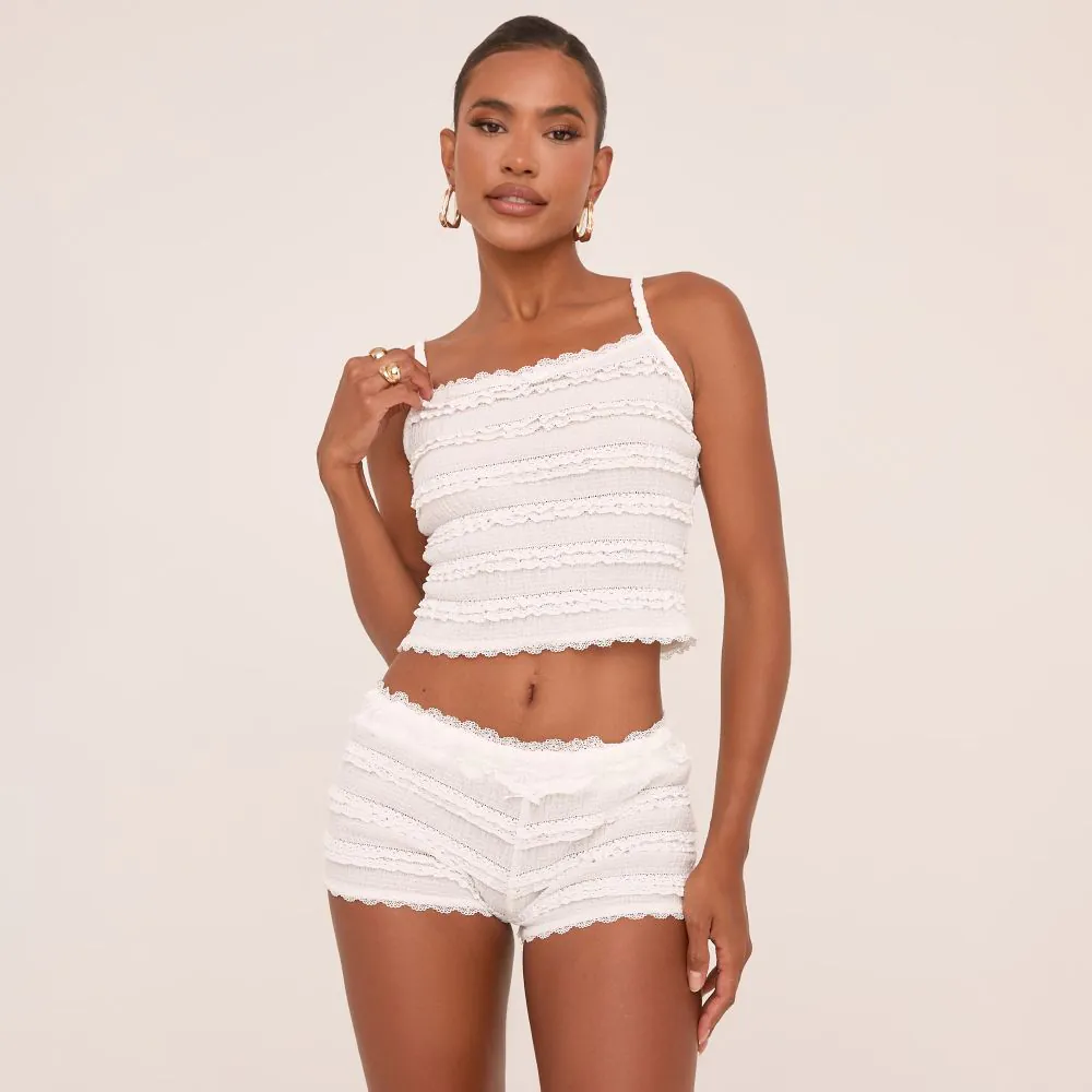 Tiered Ruffle Detail Strappy Cami Top And Hotpant Shorts Co-Ord Set In White Texture