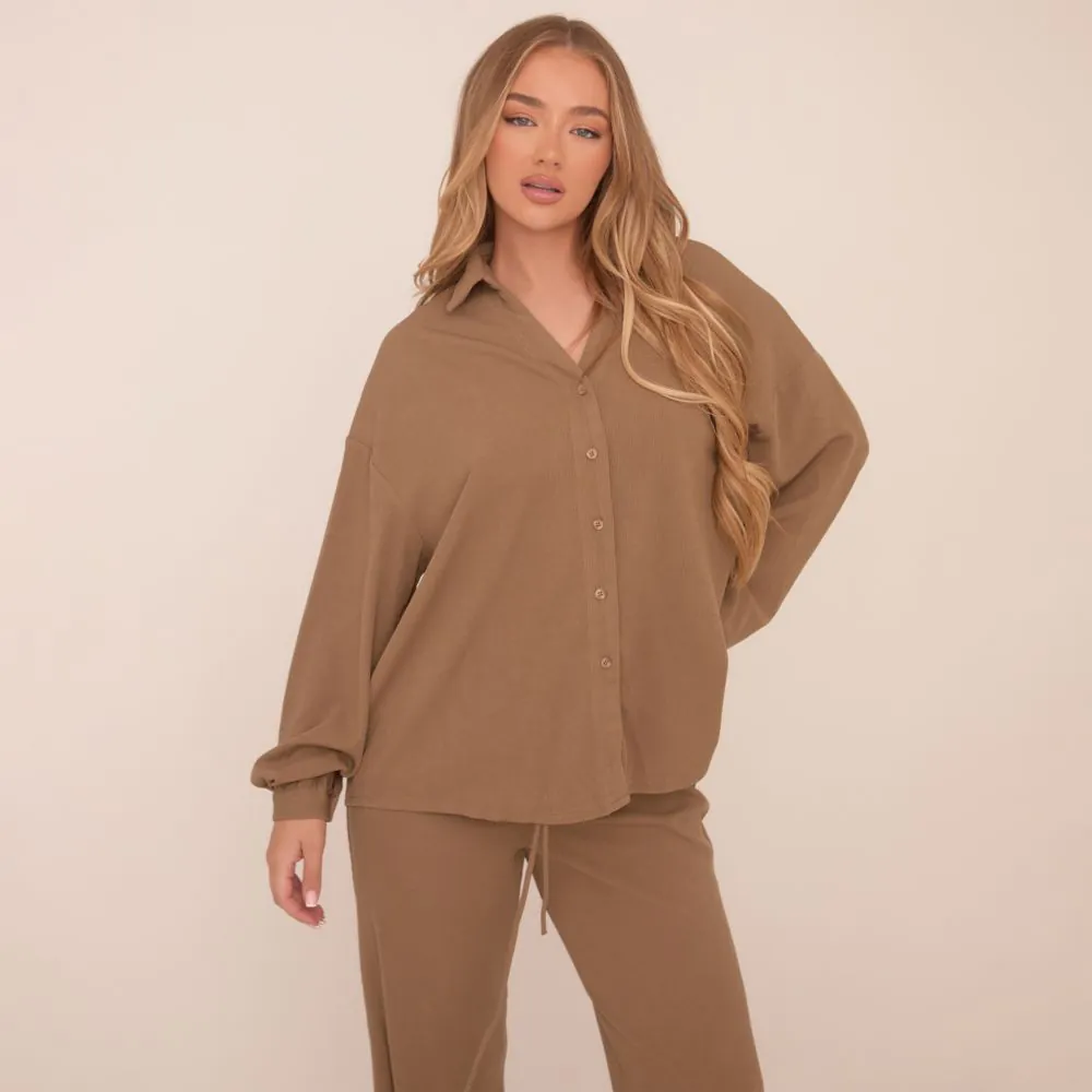 Long Sleeve Shirt And Straight Leg Trousers Pyjama Set In Khaki Green