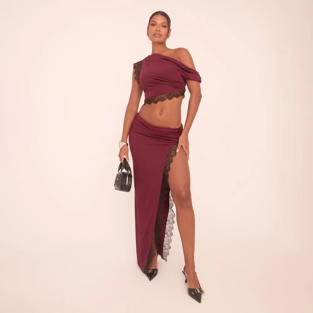 Asymmetric One Shoulder Lace Trim Detail Crop Top In Plum Slinky