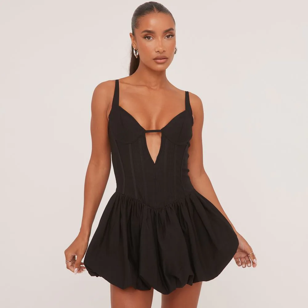 Plunge Keyhole Cut Out Corseted Flippy Hem Mini Dress In Black Woven