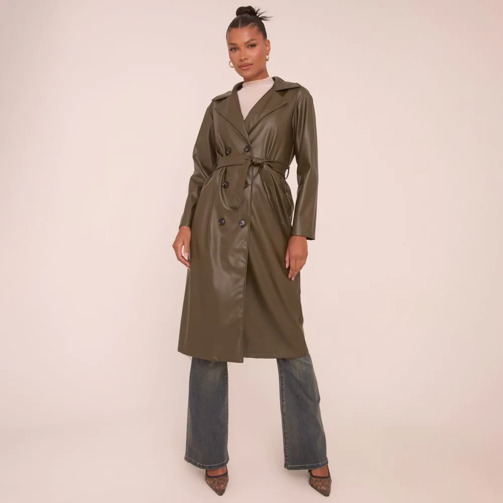 Belted Trench Coat In Dark Green Faux Leather