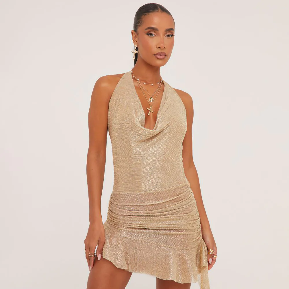 Cowl Neck Frill Hem Detail Mini Dress In Metallic Gold Sheer Mesh