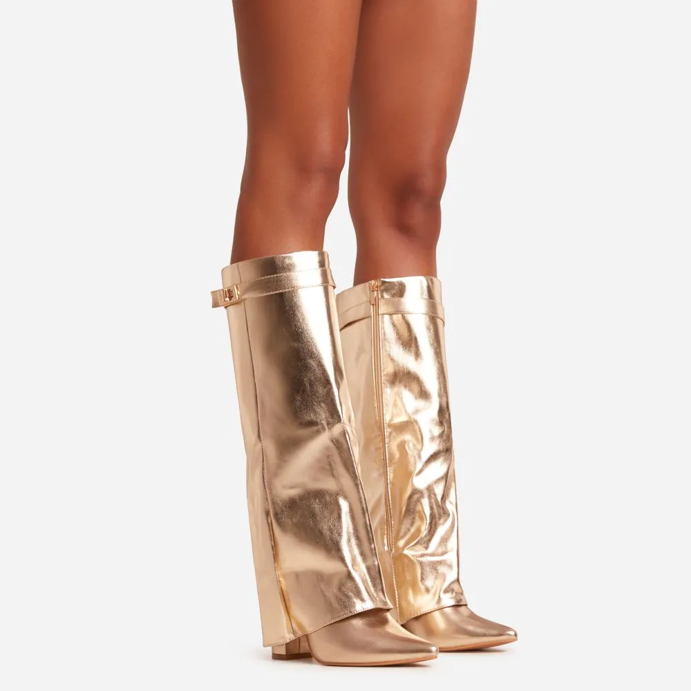 Ava Lock Detail Pointed Toe Knee High Block Heel Boot In Gold Metallic Faux Leather