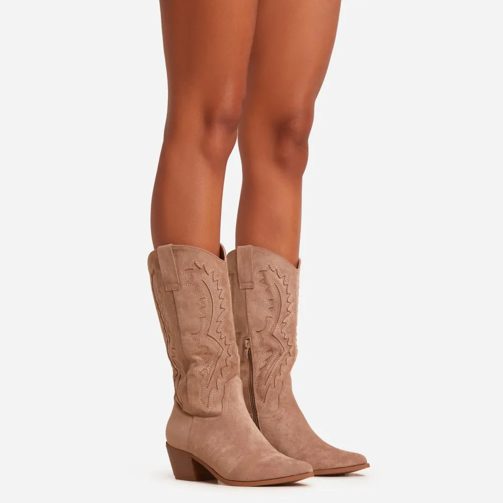 Victor Embroidered Detail Pointed Toe Mid Calf Western Cowboy Boot In Khaki Faux Suede